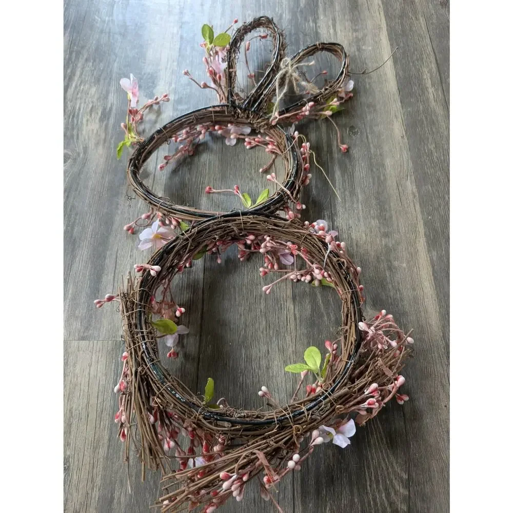Pink Floral Spring Easter Bunny Shaped Holiday Grapevine Wreath Door Decor 22
